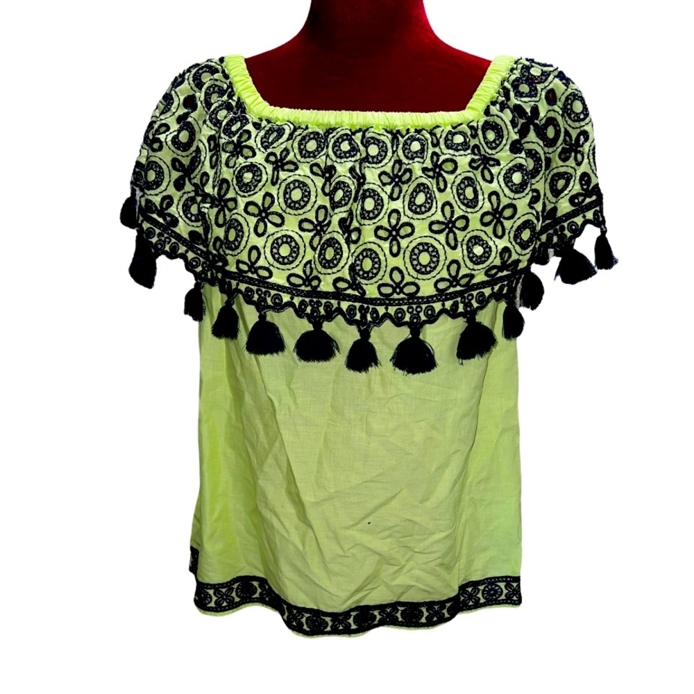 Crown & Ivy small bright green sleeveless shirt w/ black eyelet and fringe NWT